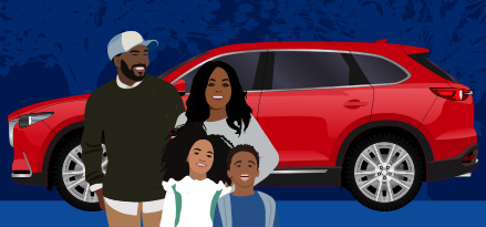 Vektorzeichnung einer vierköpfigen Familie, die vor einem Auto steht