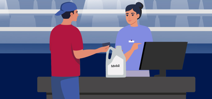 Vektorzeichnung eines Kunden, der ein Mobil-Öl kauft