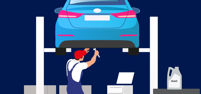 Vektorzeichnung eines Mechanikers, der ein Auto auf einer Hebebühne repariert