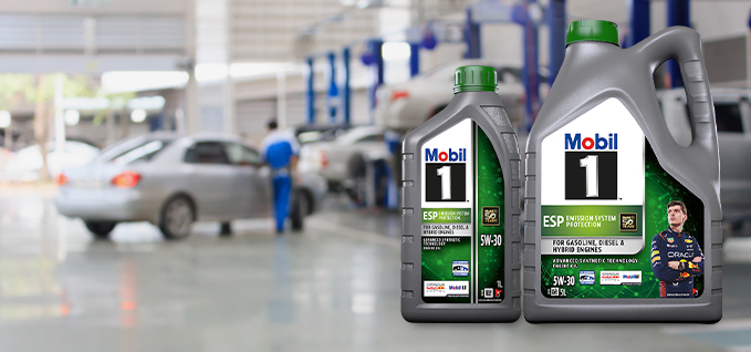 Mobil 1™ ESP 5W-30 auf einer Bank in einer Garage