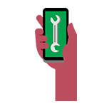 Zeichnung einer Hand, die ein Telefon hält, auf dessen Bildschirm ein Schraubenschlüssel angezeigt wird